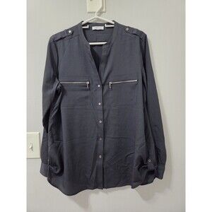 Calvin Klein Women's Gray Button Down Blouse, Zipper Accents, Roll Up Sleeves, L